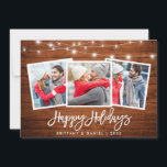 Cartes Pour Fêtes Annuelles 3 Pinceau photo Script Lumières Rustique en bois<br><div class="desc">Brosse Rustique en bois Script 3 Photo Happy Holidays Card avec des lumières à cordes</div>