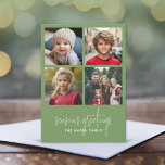 Cartes Pour Fêtes Annuelles 4 Collage photo Mini saison verte de Noël<br><div class="desc">Vintage vert Plaid Motif sur le dos - Un accueil de vacances simple et minimaliste avec 4 photos carrés et calligraphie moderne. Faites glisser vos photos en carré avant de les télécharger.</div>