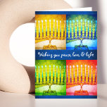 Cartes Pour Fêtes Annuelles 4 Colorful Hanukkah Menorahs Peace Love Light Chic<br><div class="desc">"Wishing you peace, love, & light. Happy Hanukkah !" A close-up Photo of 4 brightly colored artsy menorahs help you usher in the holiday of Hanukkah. Feel the chaud and joy of the holiday season whenever you send this stunning, colorful Hanukkah greeting card. Matching enveloppes, autocollants, tiges, bags à bagages,...</div>