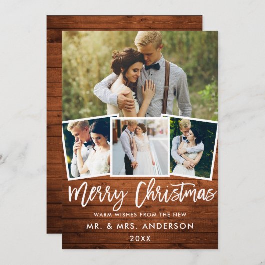 Cartes Pour Fêtes Annuelles 4 Photo Bois Brush Script Mariage Noël (Devant / Derrière)