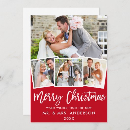 Cartes Pour Fêtes Annuelles 4 Photo Brush Script Mariage Noël Rouge (Devant / Derrière)