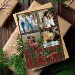 Cartes Pour Fêtes Annuelles 4 photo collage Joyeux script Noël plaid<br><div class="desc">Elégant style Joyeux Noël faux or classique script de calligraphie quatre photos de famille de carrés rouge rustique carte de vacances tartan plaid avec votre texte personnalisé sur les deux côtés.</div>