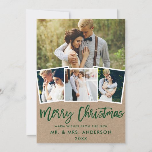 Cartes Pour Fêtes Annuelles 4 Photo Kraft Brush Script Mariage Noël (Devant)