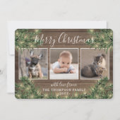 Cartes Pour Fêtes Annuelles 4 Photo Noël Vert, Bois rustique & Lumières (Devant)