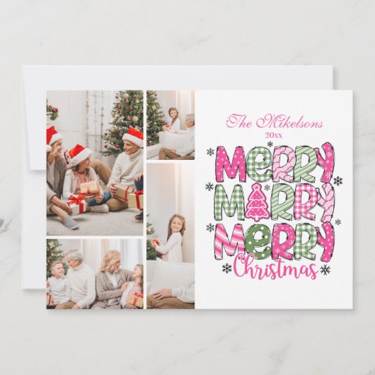 Cartes Pour Fêtes Annuelles 4 Photo Pink Green Merry Christmas Holiday (Devant)