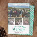 Cartes Pour Fêtes Annuelles 4 Photo - Tout est clair et calme - Noël Turquoise<br><div class="desc">Utilisez quatre photos et faites un accueil unique et branché Joyeux Noël avec un motif plaid à rayures de bonbons brillant et joyeux sur le dos. Si vous avez besoin de déplacer quelque chose,  cliquez sur le bouton personnaliser pour apporter des modifications.</div>