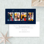 Cartes Pour Fêtes Annuelles 4 Photos White Script Marine Bleu Joyeux Noël<br><div class="desc">4 Photos White Script Marine Bleu Joyeux Noël. Disponible numériquement et imprimé. Moderne et minimaliste,  avec un script stylé pour Joyeux Noël. Remplacez les exemples d'images par vos propres images amusantes et personnalisez le reste des mots de chaque côté,  selon vos besoins.</div>