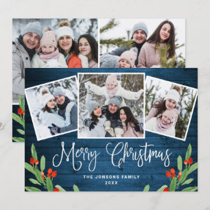 Cartes Pour Fêtes Annuelles 5 PHOTO Noël Rustique Bleu Bois Salutation