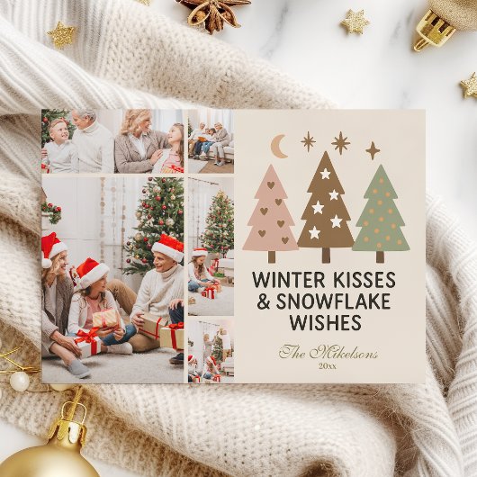 Cartes Pour Fêtes Annuelles 5 Photo Retro Winter Kisses & Snowflake Wishes