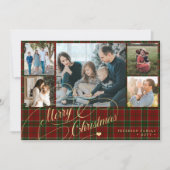 Cartes Pour Fêtes Annuelles 5 photos Joyeux Noël élégant script rouge plaid (Devant)