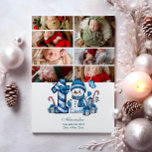 Cartes Pour Fêtes Annuelles 7 Photo Blue Snowman Premier Noël<br><div class="desc">Célébrez la première saison de vacances de votre petit avec ce design hivernal gai avec un numéro de plaid bleu, un bonhomme de neige adorable, des sucres de canne et des cadeaux épars. Customisez-le avec la photo et les détails de naissance de votre bébé pour créer un souvenir qui apporte...</div>