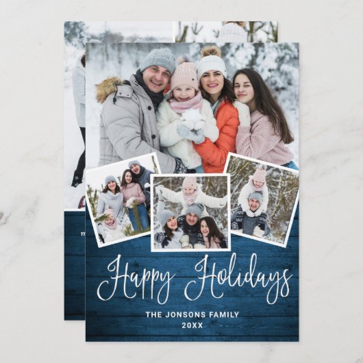 Cartes Pour Fêtes Annuelles 7 PHOTO Noël Rustique Bleu Bois Salutation (Devant / Derrière)