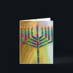 Cartes Pour Fêtes Annuelles 8 Jours De Chanoukah<br><div class="desc">Une belle carte Chanukah (Hanoukka) avec timbres et enveloppe assortis. Un menorah aux couleurs vives avec des bougies vertes,  bleues,  jaunes et roses vives contre un arrière - plan doré.</div>