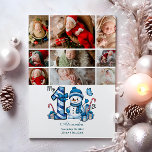 Cartes Pour Fêtes Annuelles 9 Photo Blue Snowman Premier Noël<br><div class="desc">Célébrez la première saison de vacances de votre petit avec ce design hivernal gai avec un numéro de plaid bleu, un bonhomme de neige adorable, des sucres de canne et des cadeaux épars. Customisez-le avec la photo et les détails de naissance de votre bébé pour créer un souvenir qui apporte...</div>
