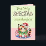 Cartes Pour Fêtes Annuelles À une petite-fille très spéciale en rose de Noël<br><div class="desc">"À une petite-fille très spéciale à Noël !" Une charmante carte de Noël avec un adorable chat portant un chapeau de Père Noël festif. Le design chaleureux et douillet fera son sourire en cette période de vacances. Rose / Vert</div>