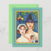 CARTES POUR FÊTES ANNUELLES ADAM & EVE PILGRIMS, BIBLICAL WHIMSY MERCI (Devant / Derrière)