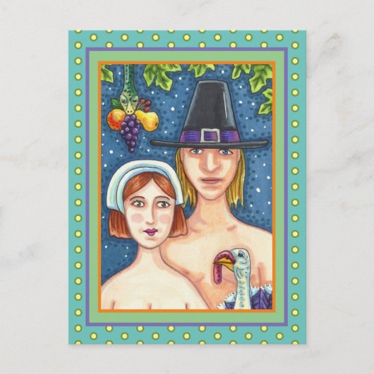 CARTES POUR FÊTES ANNUELLES ADAM & EVE PILGRIMS, BIBLICAL WHIMSY MERCI (Devant)