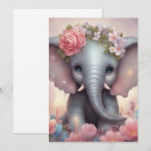 Cartes Pour Fêtes Annuelles Adorable bébé éléphant avec fleurs (Devant / Derrière)