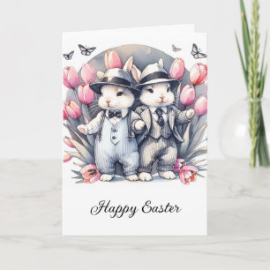 Cartes Pour Fêtes Annuelles Adorable lapins Vintages de Pâques Tulipes roses