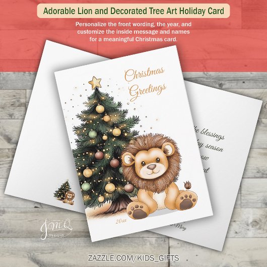 Cartes Pour Fêtes Annuelles Adorable Lion and Decorated Tree Art