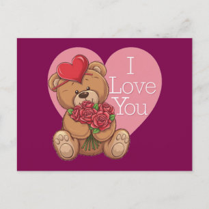 Cartes Pour Fêtes Annuelles Adorable Teddy Bear Roses avec le coeur "I Love Yo