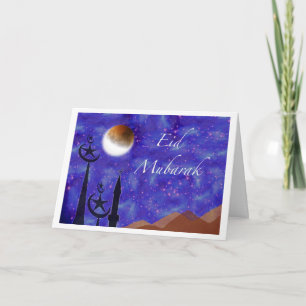 Cartes Pour Fêtes Annuelles Aïd Moubarak, Crescent Moon et Minarets