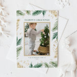 Cartes Pour Fêtes Annuelles Aiguilles de pin à huile d'or Bonnes Fêtes photo<br><div class="desc">BONNES FÊTES ! Envoyez vos Bonnes Fêtes les plus chaudes avec notre carte postale photo personnalisable, avec une belle aquarelle verte et de faux aiguilles en pin de feuille d'or. Personnalisez cette carte postale de vacances avec votre photo et votre message préférés pour créer une carte de vacances élégante et...</div>