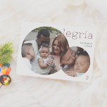 Cartes Pour Fêtes Annuelles Alegría | Tarjeta Navideña Moderna con 2 Fotos<br><div class="desc">Elegante y moderna tarjeta de Navidad. El maladie présenta dos fotos en forma circulaire, dándole un toque contemporáneo a sus recuerdos más destacados. La foto más pequeña se superpone sobre la más grande. La palabra "Alegría" aparece en tipografía minimalista de color rojo en la esquina superior y el nombre de...</div>