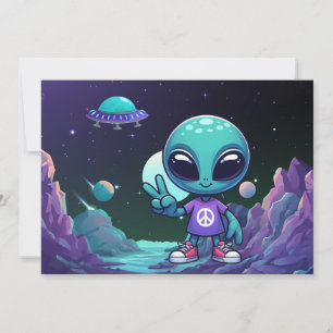 Cartes Pour Fêtes Annuelles Alien de paix mignon et vaisseau spatial