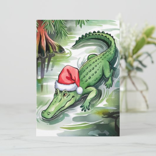 Cartes Pour Fêtes Annuelles Alligator de Noël nageant dans le Bayou (Debout devant)
