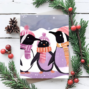 Cartes Pour Fêtes Annuelles Amis Manchots de Noël Aquarelle d'hiver