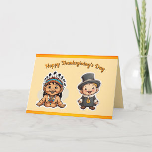 Cartes Pour Fêtes Annuelles Amitié Thanksgiving Card-Cute Pilgirm & Indian