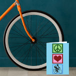 Cartes Pour Fêtes Annuelles Amour de paix faisant un cycle le cycliste bleu<br><div class="desc">Un signe de paix assez vert,  un coeur rouge mignon,  et une silhouette d'une personne montant une bicyclette sur un carré bleu. Un beau cadeau de recyclage de Noël.</div>