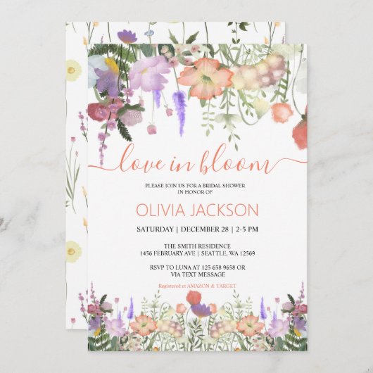 Cartes Pour Fêtes Annuelles Amour en fleur Fleur sauvage Douche nuptiale Invit (Devant / Derrière)