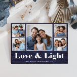 Cartes Pour Fêtes Annuelles Amour et lumière| Grille photo Hanoukka Blue Russe<br><div class="desc">Cette simple et rustique carte Hanoukka multi-photo dit "Amour & Lumière" en typographie blanche et moderne sur un arrière - plan à l'air de bois bleu avec une grille photo de cinq sur le devant de la carte. Le dos contient deux autres photos, plus un endroit pour ajouter votre propre...</div>