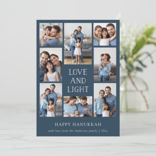 Cartes Pour Fêtes Annuelles Amour et Lumière | Hanukkah familial bleu multi-ph (Debout devant)