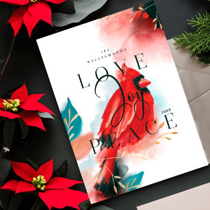 Cartes Pour Fêtes Annuelles Amour Joy & Paix Rouge Cardinal Aquarelle Blanc