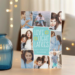 Cartes Pour Fêtes Annuelles Amour, Lumière & Latkes | Hanoukka Photo Collage<br><div class="desc">Un carte photo Hanoukka amusant et festif présente huit photos disposées dans un montage. "Amour,  lumière,  latkes" apparaît au centre en lettres blanches sur un arrière - plan bleu turquoise et brillant accentué d'étoiles. Personnalisez avec vos noms et l'année.</div>