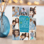 Cartes Pour Fêtes Annuelles Amour, Lumière & Latkes | Hanoukka Photo Collage<br><div class="desc">Un carte photo Hanoukka amusant et festif présente huit photos disposées dans un montage. "Amour,  lumière,  latkes" apparaît au centre en lettres blanches sur un arrière - plan bleu accentué d'étoiles. Personnalisez avec vos noms et l'année.</div>