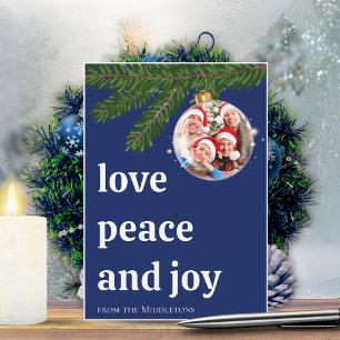 Cartes Pour Fêtes Annuelles Amour Paix Joie Noël Empilé Photo Bleu Nuit