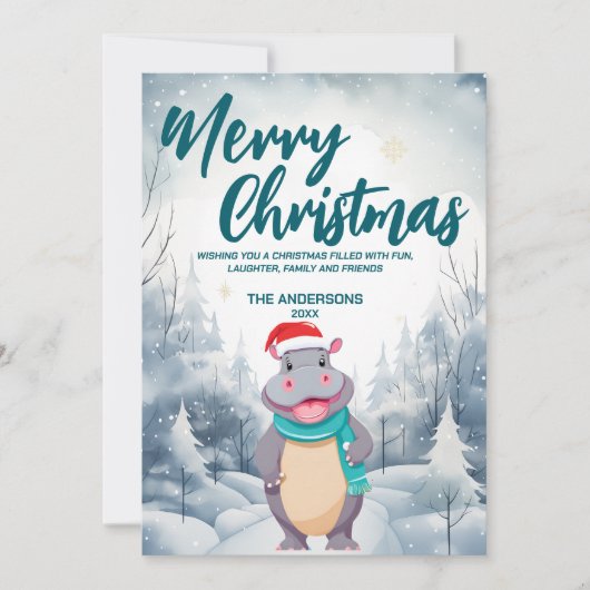 Cartes Pour Fêtes Annuelles Amusant HIPPO Joyeux Xmas arbre neige Fête de vaca (Devant)