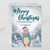 Cartes Pour Fêtes Annuelles Amusant HIPPO Joyeux Xmas arbre neige Fête de vaca (Devant / Derrière)