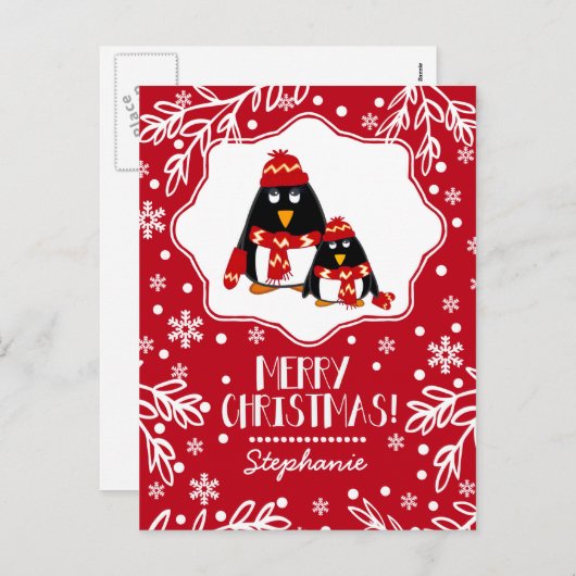 Cartes Pour Fêtes Annuelles Amusant Petit Pingouins Nom personnalisé Noël (Devant / Derrière)