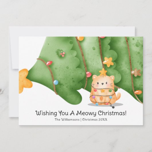 Cartes Pour Fêtes Annuelles Amusante chatte Meowy Arbre de Noël Aquarelle (Devant)