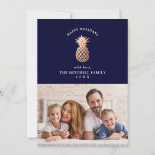 Cartes Pour Fêtes Annuelles Ananas Rose Gold sur Bleu Nuit Photo de Noël