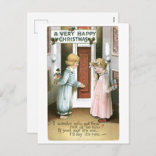 Cartes Pour Fêtes Annuelles Ancien Noël, garçon & fille (Devant / Derrière)