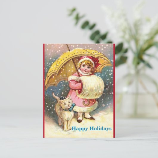 Cartes Pour Fêtes Annuelles Ancienne Fille Image, Neige, Chat, Parapluie Jaune (Debout devant)