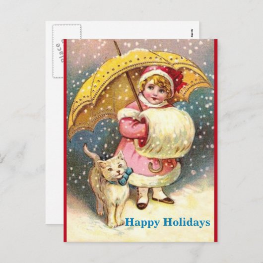 Cartes Pour Fêtes Annuelles Ancienne Fille Image, Neige, Chat, Parapluie Jaune (Devant / Derrière)