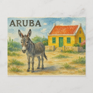 Cartes Pour Fêtes Annuelles Âne d'Aruba avec aquarelle de maison Cunucu jaune