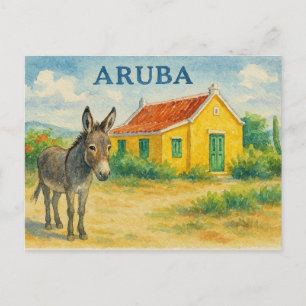Cartes Pour Fêtes Annuelles Âne d'Aruba et maison de Cunucu à l'aquarelle